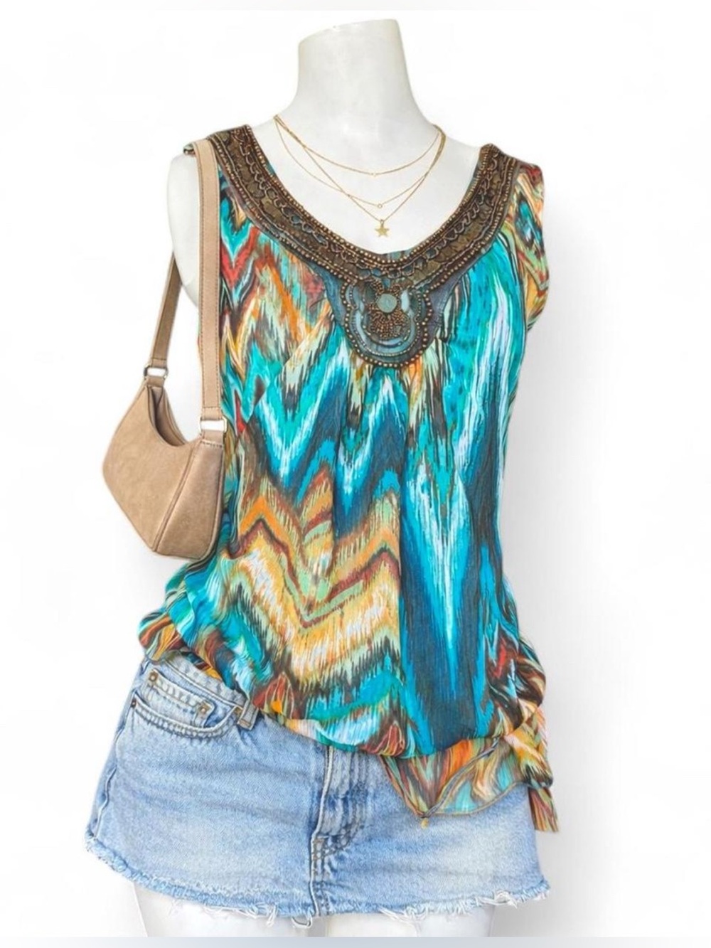 Boho Embellished Beaded Tank Top Turquoise Ikat Print Flowy Blouse